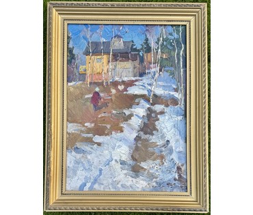 Данциг М.В "Весенний дворик", 1978 г. Холст, масло. Размер с родной рамой 81х62 см. № 4055 (артикул №4055) - фото №4