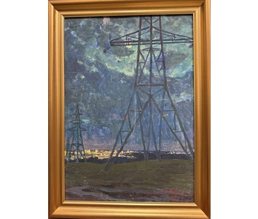 Козловский А.С "Высоковольтные столбы.Окраина Минска", 1983 г. Картон, масло. Размер с рамой 41,5х57 см. № 4083 (артикул №4083) - фото №1