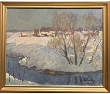 Козловский А.С "Зима", 1978 г. Картон, масло. Размер с рамой 69х57,5 см. № 4086 (артикул №4086) - фото №1