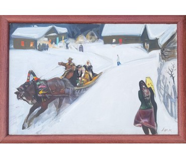 Щемелёв Л.Д "Снежаньскае вяселле", 1989 г. Холст, масло. Размер с родной рамой 101х72 см. № 4090 (артикул №4090) - фото №4