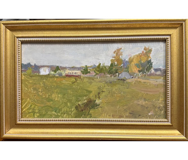 Тюрин В.П "Пейзаж", 1966 г. Картон, масло. Размер с рамой 30,5х19,5 см. № 4107 (артикул №4107) - фото №1
