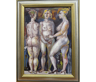 Ткачёв В.В "Три грации", 2000 г. Картон, масло. Размер с рамой 41,5х32 см. № 4113 (артикул №4113) - фото №1