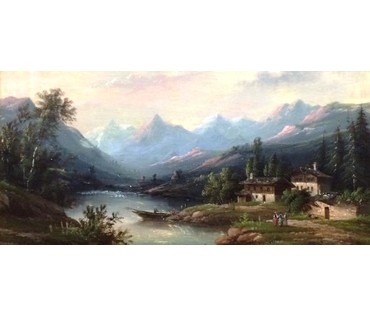 Картина "Деревушка на берегу озера". Rueff A ; 19 век. Австрия. 1874г. (артикул №240) - фото №2