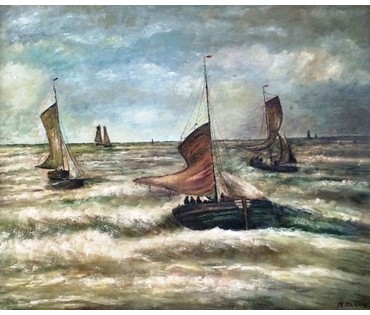 H.W.Mesdag (1831-1915) "Корабли в бушующем море", Голландия. Дерево,масло.Размер 49,5х60 см. (артикул №271) - фото №2