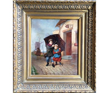 Hermann von Kaulbach (1846-1909) Германия, 19 век. "Вдвоем под зонтиком", панель красное дерево,масло.Размер 34,5х41,5см.(58х64см. с рамой) (артикул №275) - фото №1