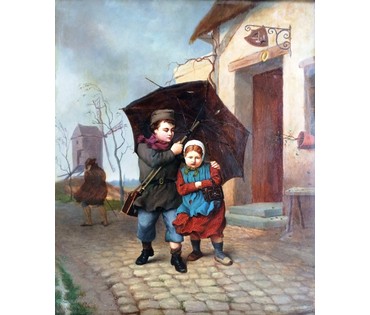 Hermann von Kaulbach (1846-1909) Германия, 19 век. "Вдвоем под зонтиком", панель красное дерево,масло.Размер 34,5х41,5см.(58х64см. с рамой) (артикул №275) - фото №2