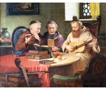 Картина "Монахи - музыканты". Josef Wagner-Hohenberg (1870 - 1937). 19век; Австрия. №304