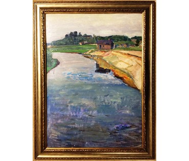 Крохалев П.С (Крохолев) "Вечер на реке Бобр", 1974г. Картон, масло. Размер 48х49 см. №345