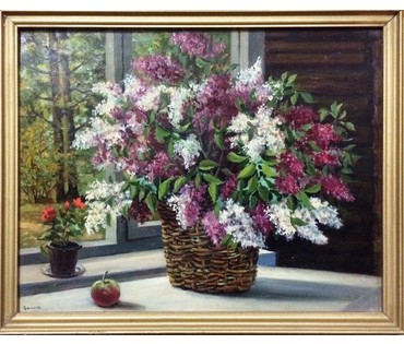 Гамов А.И "Сирень в окне", 1994г. Картон, масло.Размер 30х25 см. (артикул №349) - фото №1
