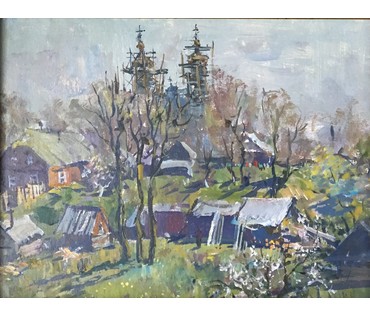 Хмелевский В.В. - "Деревня", 1989г. ДВП, масло. Размер 49х66см. (артикул №408) - фото №5