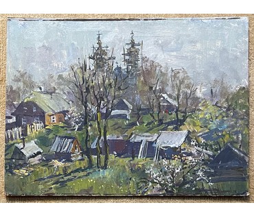 Хмелевский В.В. - "Деревня", 1989г. ДВП, масло. Размер 49х66см. (артикул №408) - фото №3