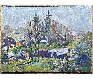 Хмелевский В.В. - "Деревня", 1989г. ДВП, масло. Размер 49х66см. (артикул №408) - фото №2