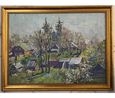 Хмелевский В.В. - "Деревня", 1989г. ДВП, масло. Размер 49х66см. (артикул №408) - фото №1