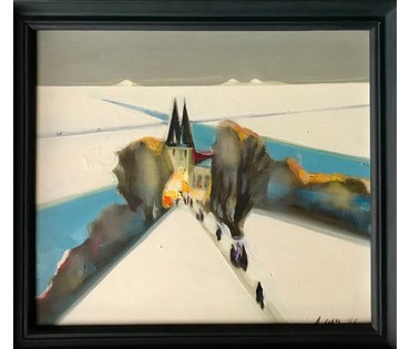 Щемелев Л.Д. Пейзаж с церковью, 1991 год; 50/45 см с родной рамой. Народный художник БССР НЕТ В НАЛИЧИИ (артикул №1833) - фото №4