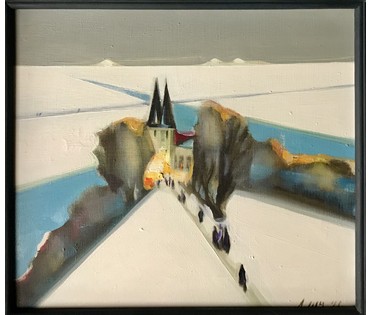 Щемелев Л.Д. Пейзаж с церковью, 1991 год; 50/45 см с родной рамой. Народный художник БССР НЕТ В НАЛИЧИИ (артикул №1833) - фото №5